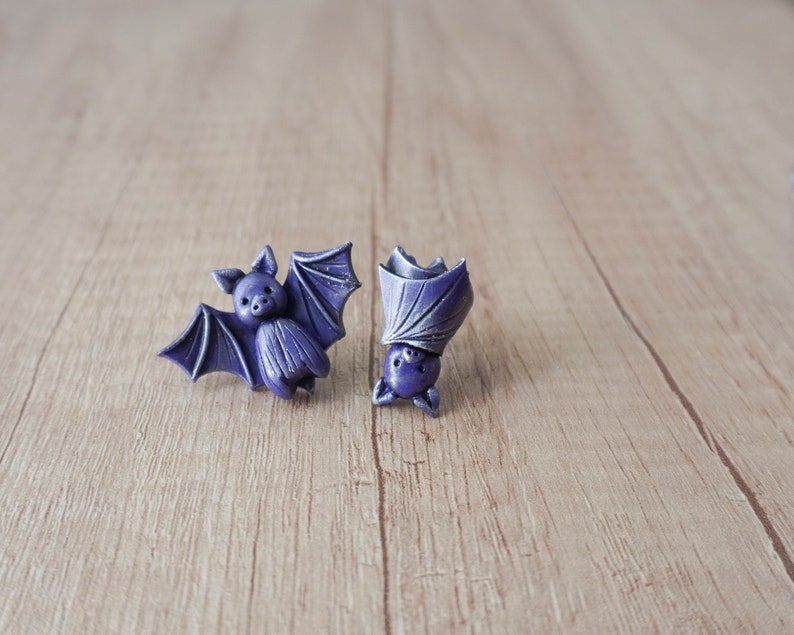 Cute polymer clay bat earrings, Polymer clay halloween stud earrings, Cute baby bats, Polymer clay jewelry for girls, Gift for her image 1