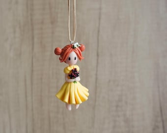 Personalized Polymer Clay Doll Necklace: Spring Girl with Flowers