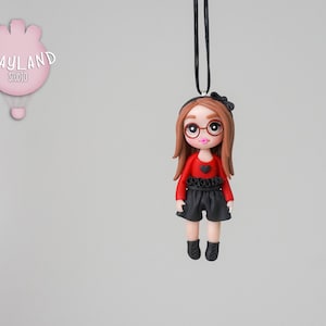 Personalized polymer clay doll necklace, Cute girl with eyeglasses, Customized doll pendant, Handamde gift for her