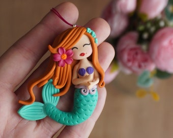 Handmade Polymer Clay Mermaid Pendant: Fairytale Doll Necklace