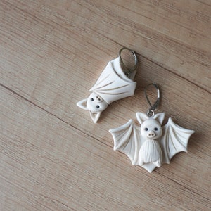 Cute albino bat earrings, Polymer clay halloween earrings, Hanging baby bats, Polymer clay jewelry for girls, Gift for her