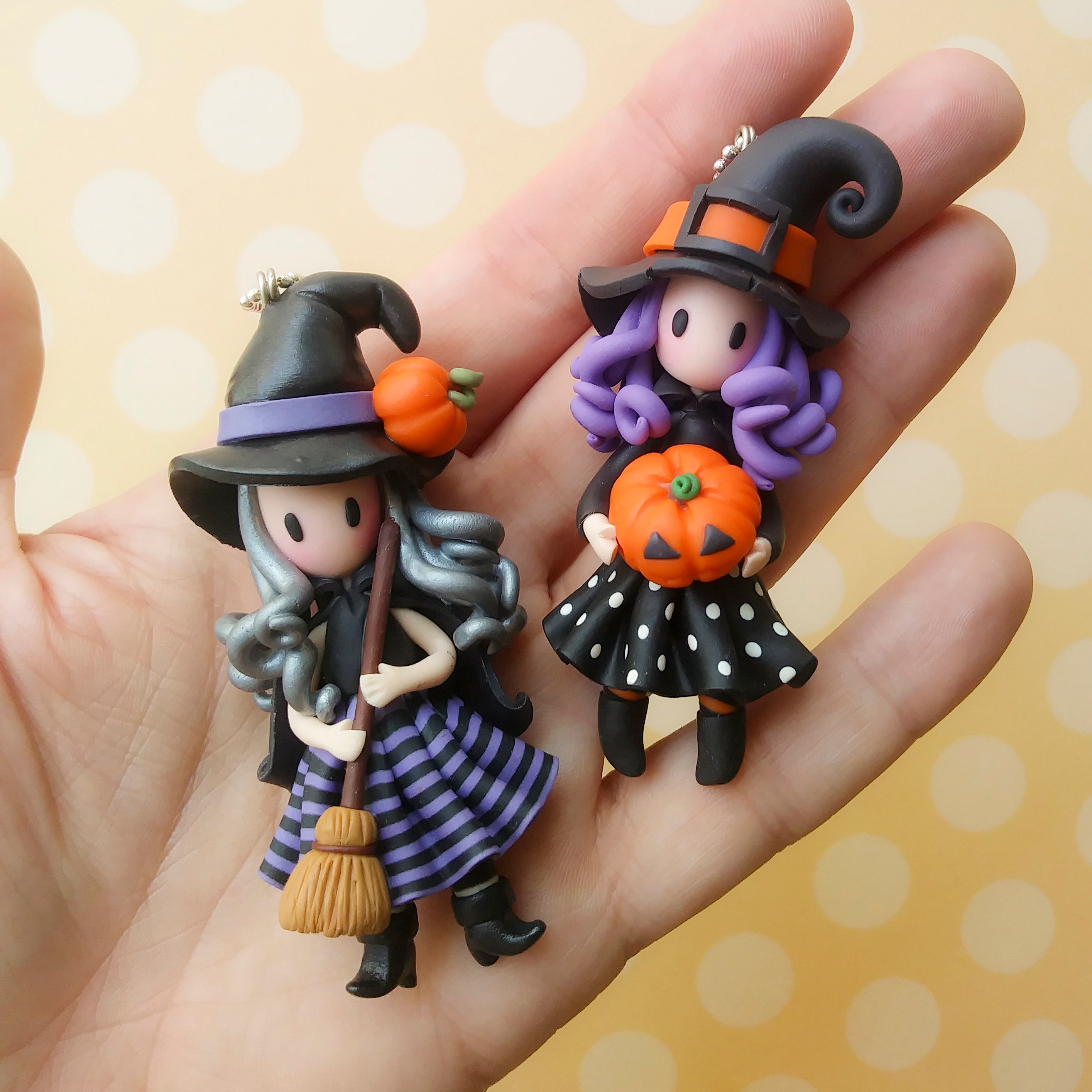 Halloween Polymer Clay Witch Necklace Girl With Pumpkin Etsy