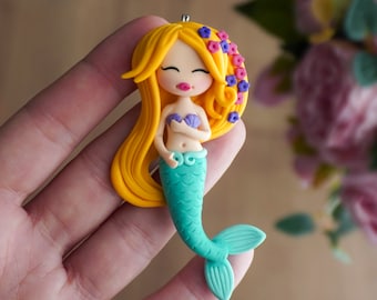 Handmade Polymer Clay Mermaid Pendant: Fairytale Doll Necklace