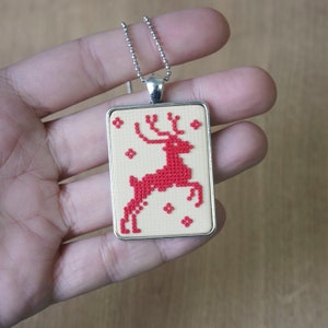 Cross stitch inspired christmas reindeer necklace, Christmas retro style faux embroidery jewelry, Polymer clay Santa's deer pendant image 2