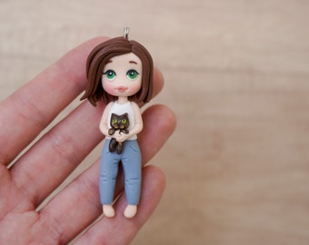 Girl with a cat pendant, Polymer clay doll necklace, Personalized gift for cat lovers, Girl holding a kitten handmade figure