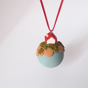 Polymer clay earth necklace, Handmade planet with a house pendant, 3d world necklace