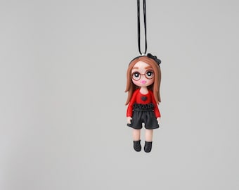 Personalized Polymer Clay Doll Necklace: Handmade Eyeglass Pendant