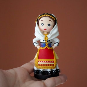 Polymer clay doll in traditional costume from Aidipsos , Handmade Greek folk doll, Collectible ethnic polymer clay figurine, Vlach costume