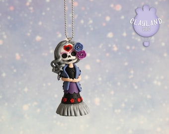 Dia de los muertos necklace, Calavera Catrina doll, Polymer clay skeleton woman, Mexican tradition inspired jewelry