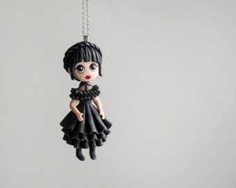 Goth girl in black necklace, Polymer clay gothic style doll, Handmade polymer clay doll pendant, Goth fantasy gift for her