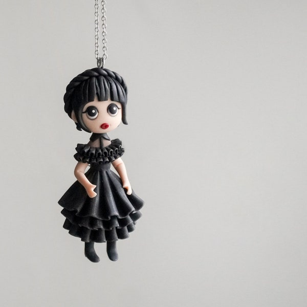 Goth girl in black necklace, Polymer clay gothic style doll, Handmade polymer clay doll pendant, Goth fantasy gift for her