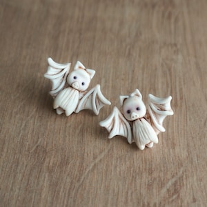Cute polymer clay albino bat earrings, Polymer clay halloween stud earrings, Cute albino baby bats, Polymer clay jewelry for halloween