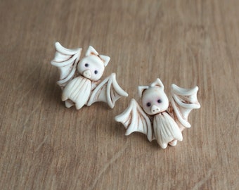 Cute polymer clay albino bat earrings, Polymer clay halloween stud earrings, Cute albino baby bats, Polymer clay jewelry for halloween