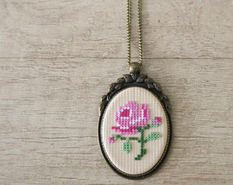 Pink Rose Polymer Clay Necklace: Retro Cross Stitch Style