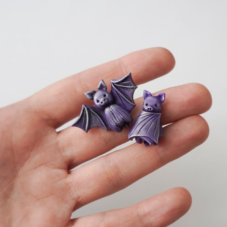 Cute polymer clay bat earrings, Polymer clay halloween stud earrings, Cute baby bats, Polymer clay jewelry for girls, Gift for her image 3