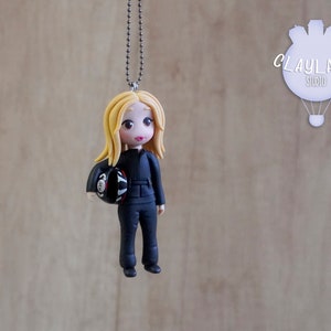 Biker girl polymer clay necklace, Girl on a biker outfit figure, Personalized gift for motorcycle lovers