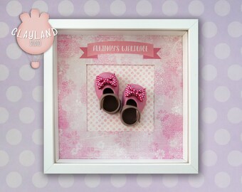 Personalized baby gift, Baby shower gift, Newborn room, Polymer clay decor, Baby room wall art, Wooden frame decor, Polymer clay baby shoes