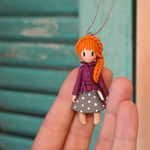 Polymer clay fall fashion doll necklace, Girl with autumn outfit holding a book, Polymer clay jewelry, Polymer clay miniature image 5