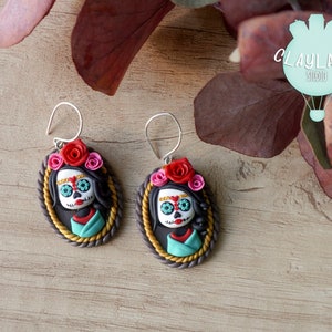 Vintage style Calavera Catrina earrings, Dia de los muertos polymer clay earrings, Colorful skeleton lady, Day of the Dead handmade gift