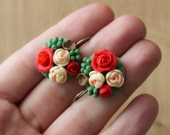 Handmade Polymer Clay Flower Bouquet Earrings: Red Rose & Peony