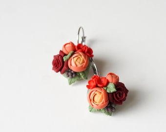 Polymer clay flower bouquet jewelry, Roses peonies and anemones bouquet earrings, Handmade romantic floral earrings