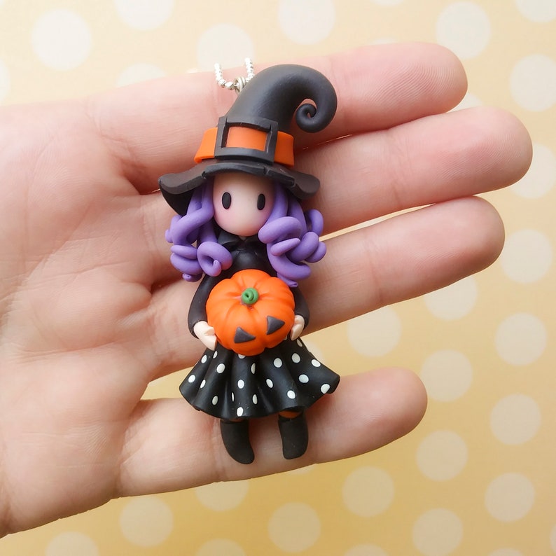 Halloween Polymer Clay Witch Necklace Girl With Pumpkin Etsy