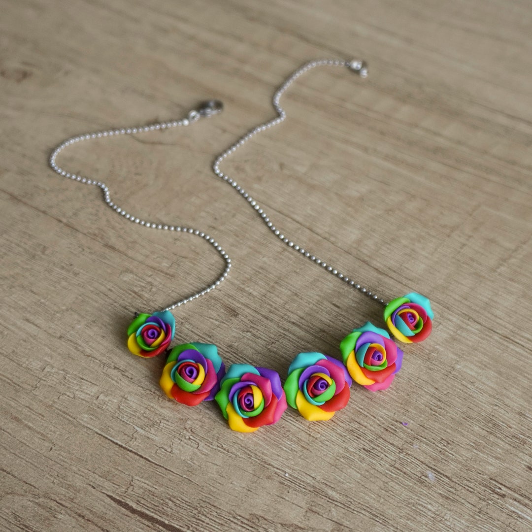 Rainbow Roses Polymer Clay Necklace, Romantic Colorful Flower Jewelry