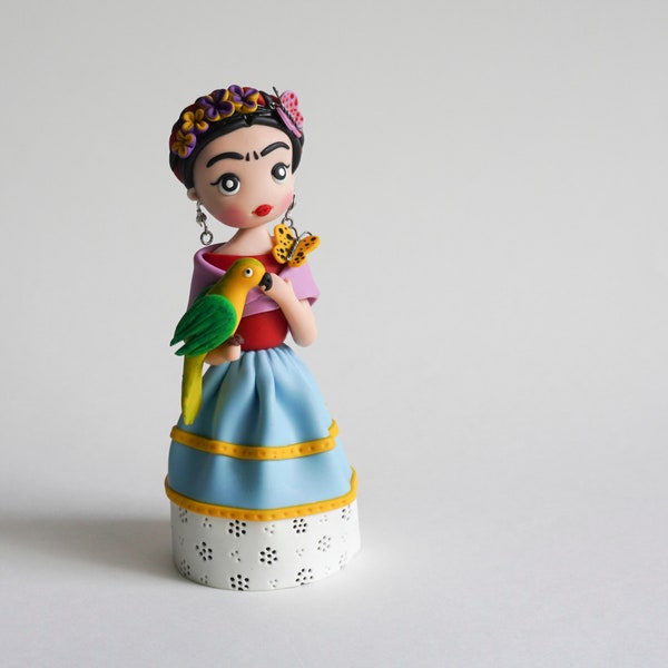 Mexican doll polymer clay figurine, Girl with a parrot and traditional costume, Handmade polymer clay decoration