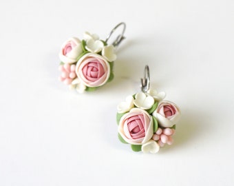Polymer Clay Peony Bouquet Earrings: Handmade Floral Jewelry