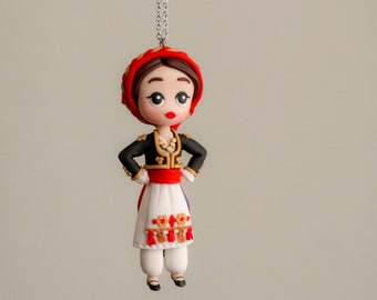 Polymer clay Cretan doll necklace, Girl in traditional costume from Crete Greece, Handmade Collectible ethnic clay figure