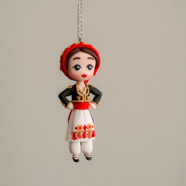 Polymer clay Cretan doll necklace, Girl in traditional costume from Crete Greece, Handmade Collectible ethnic clay figure