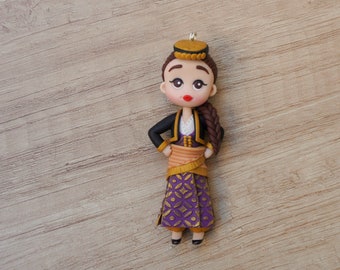 Polymer clay Pontian doll, Girl in traditional costume from Pontos, Handmade folk doll necklace, Collectible ethnic clay pendant