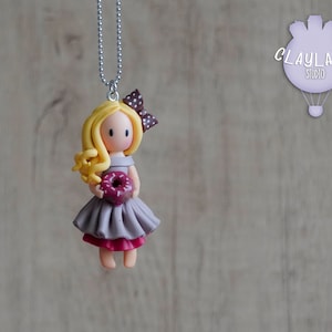 Polymer clay doll necklace, Girl with a Doughnut necklace, Handmade doll pendant for girls, Polymer clay unique jewelry, Gift for her
