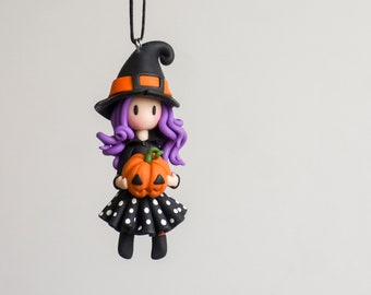 Halloween polymer clay witch necklace, Girl with pumpkin pendant, Polymer clay halloween jewelry for girls, Halloween gift for her