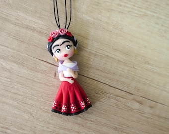 Mexican doll necklace, Polymer clay doll pendant, Mexican girl with traditional costume, Handmade gift for girls, Polymer clay figurine