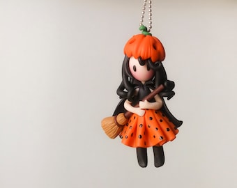 Cute polymer clay witch necklace, Halloween polymer clay pendant, Witch with a pumpkin, Polymer clay jewelry for girls, Gift for her