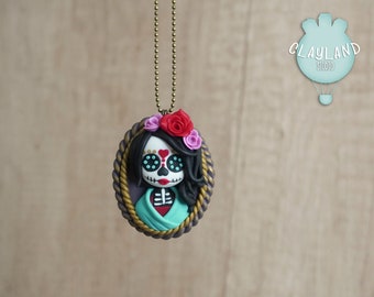 Sugar Scull Lady necklace, Dia de los muertos polymer clay pendant, Calavera Catrina inspired jewelry, Skeleton woman necklace