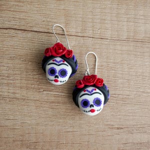 Calavera Catrina earrings, Dia de los muertos polymer clay earrings, Mexican tradition inspired jewelry, Day of the Dead handmade gift