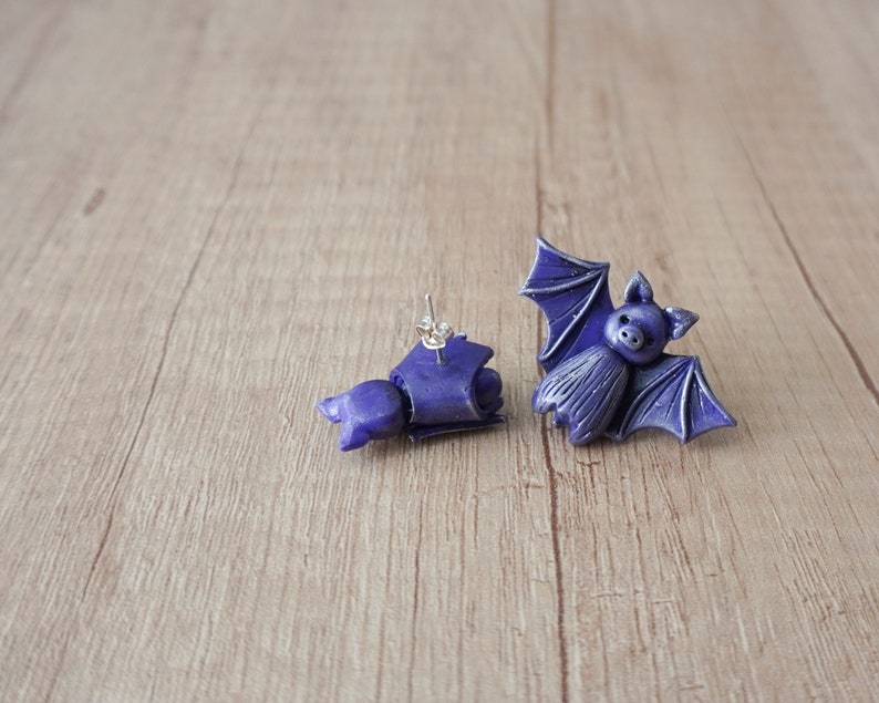 Cute polymer clay bat earrings, Polymer clay halloween stud earrings, Cute baby bats, Polymer clay jewelry for girls, Gift for her image 2
