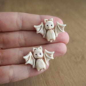 Cute polymer clay albino bat earrings, Polymer clay halloween stud earrings, Cute albino baby bats, Polymer clay jewelry for halloween image 2