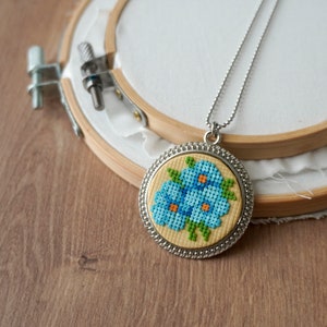 Forget-Me-Not Polymer Clay Pendant: Faux Cross Stitch Necklace