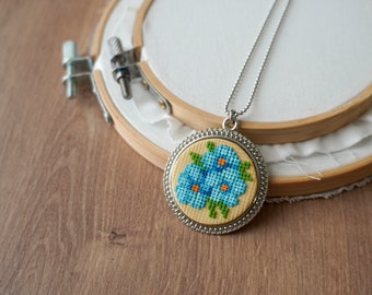 Forget-Me-Not Polymer Clay Pendant: Faux Cross Stitch Necklace