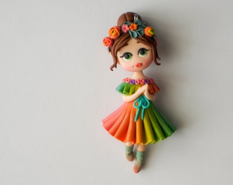 Polymer clay Rainbow doll necklace, Spring girl with colorful dress, Fairy with flower wreath pendant
