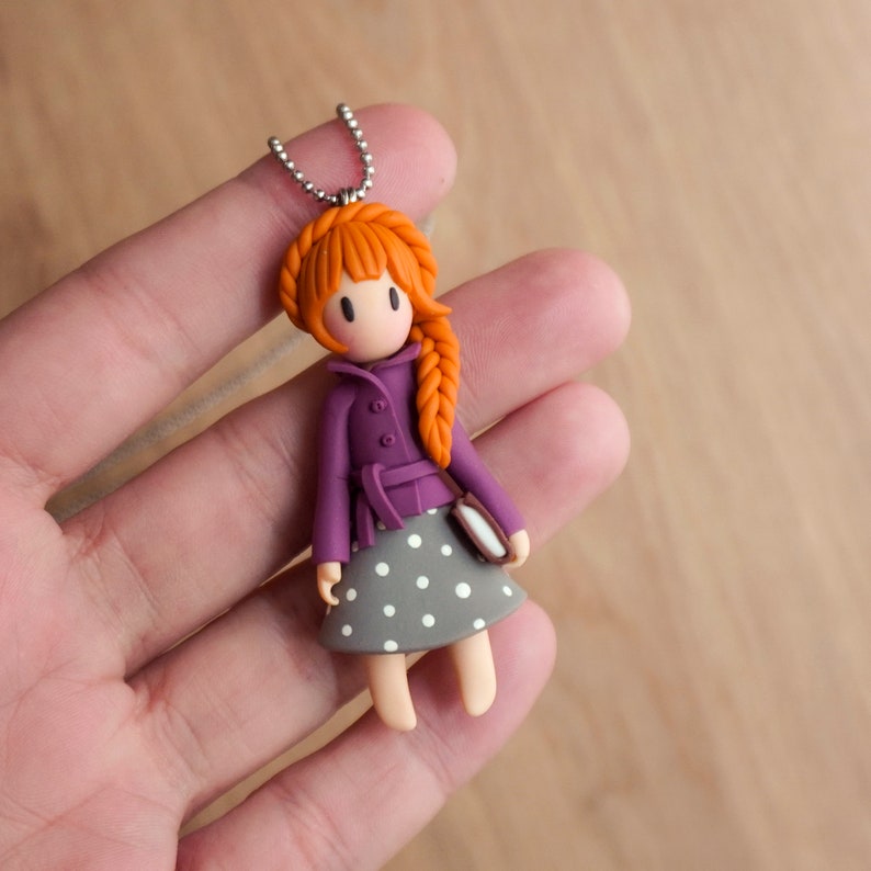 Polymer clay fall fashion doll necklace, Girl with autumn outfit holding a book, Polymer clay jewelry, Polymer clay miniature image 2