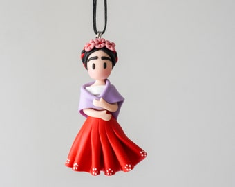 Polymer clay art doll necklace, Mexican doll pendant, Doll on a mexican traditional costume, Handmade gift for girls, Polymer clay figurine