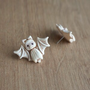 Cute polymer clay albino bat earrings, Polymer clay halloween stud earrings, Cute albino baby bats, Polymer clay jewelry for halloween image 6