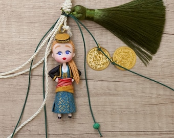 Polymer clay Pontian doll ornament, Girl in traditional costume from Pontos, Handmade folk doll charm, Traditional ornament