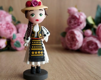 Polymer clay doll in Romanian traditional costume, Handmade folk doll, Transylvanian costume, Collectible ethnic polymer clay figurine