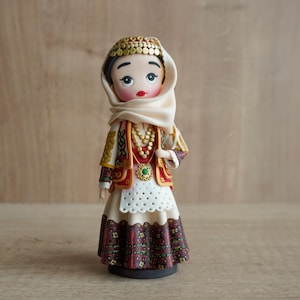 Polymer clay art doll in traditional costume from Mesogeia Attiki Greece, Handmade Greek folk doll, Collectible polymer clay figurine