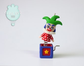 Jack in the box necklace, Polymer clay vintage toy pendant, Micro Jack in the box handmade figure